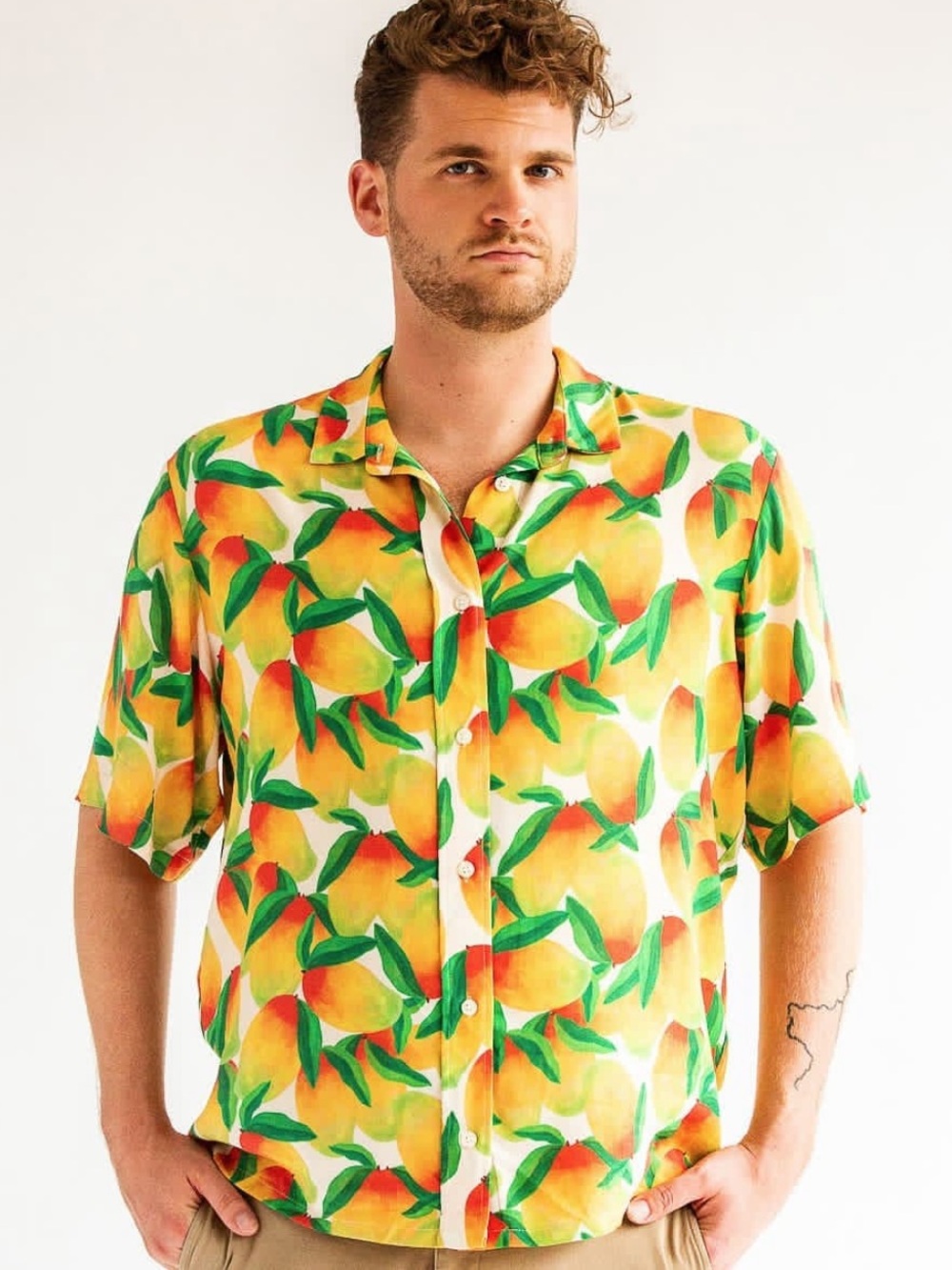 Mixed By Nasrin Mighty Mango Print Unisex Button Down Short Sleeve Shirt